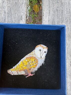 Hand-Beaded Golden Barn Owl Brooch in White and Gold